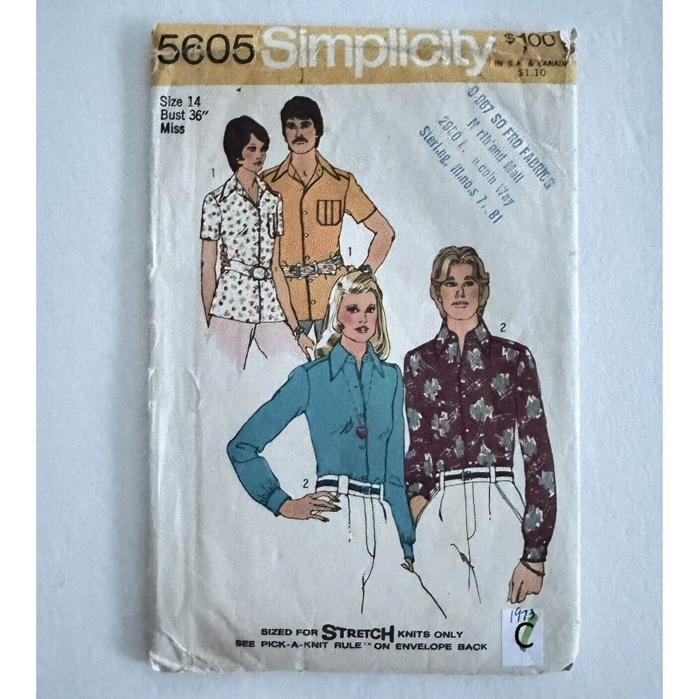 Vintage 70s Simplicity Sewing Pattern 5605 Misses Shirts Size 14 RETRO CUT